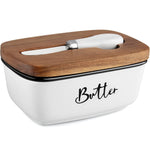 Load image into Gallery viewer, Ceramic Butter Dish with Lid and Knife – Airtight Butter Keeper with Acacia Wood Lid for Counter or Fridge (White)