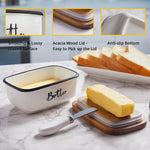 Load image into Gallery viewer, Ceramic Butter Dish with Lid and Knife – Airtight Butter Keeper with Acacia Wood Lid for Counter or Fridge (White)