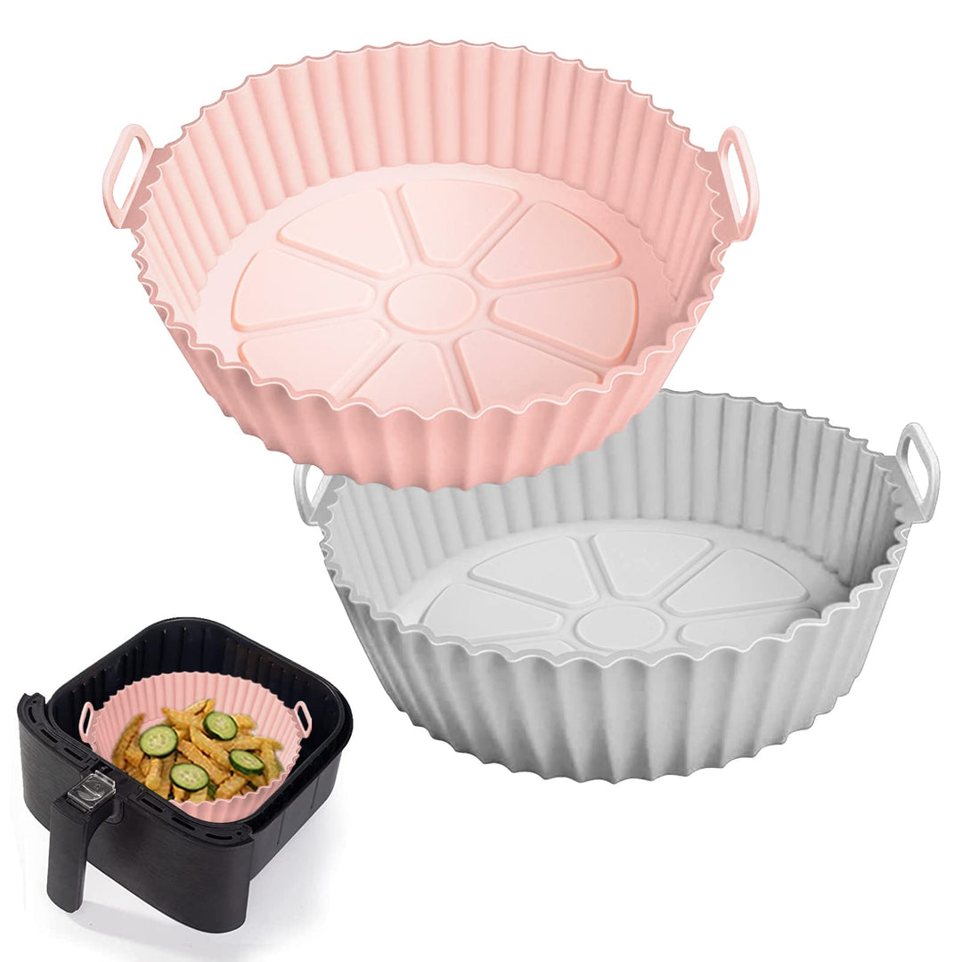 2 Pack Air Fryer Silicone Liners – Reusable 3–5QT Basket Bowls for Oven & Baking (Pink + Grey)