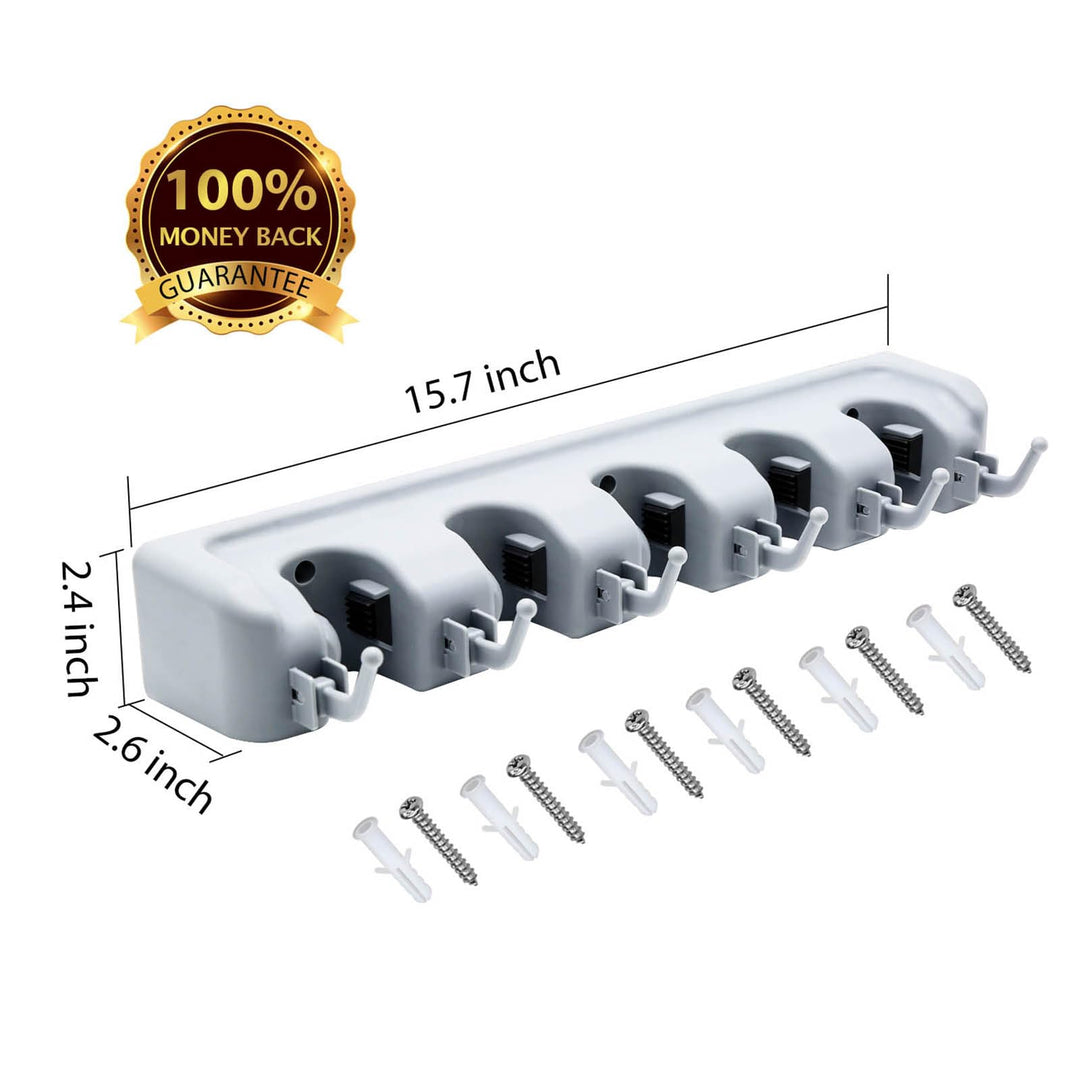 LETMY Broom Holder Wall Mount – 5 Slot 6 Hook Mop & Tool Organizer Rack for Home, Garage & Garden