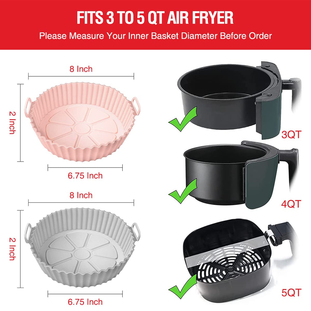 2 Pack Air Fryer Silicone Liners – Reusable 3–5QT Basket Bowls for Oven & Baking (Pink + Grey)