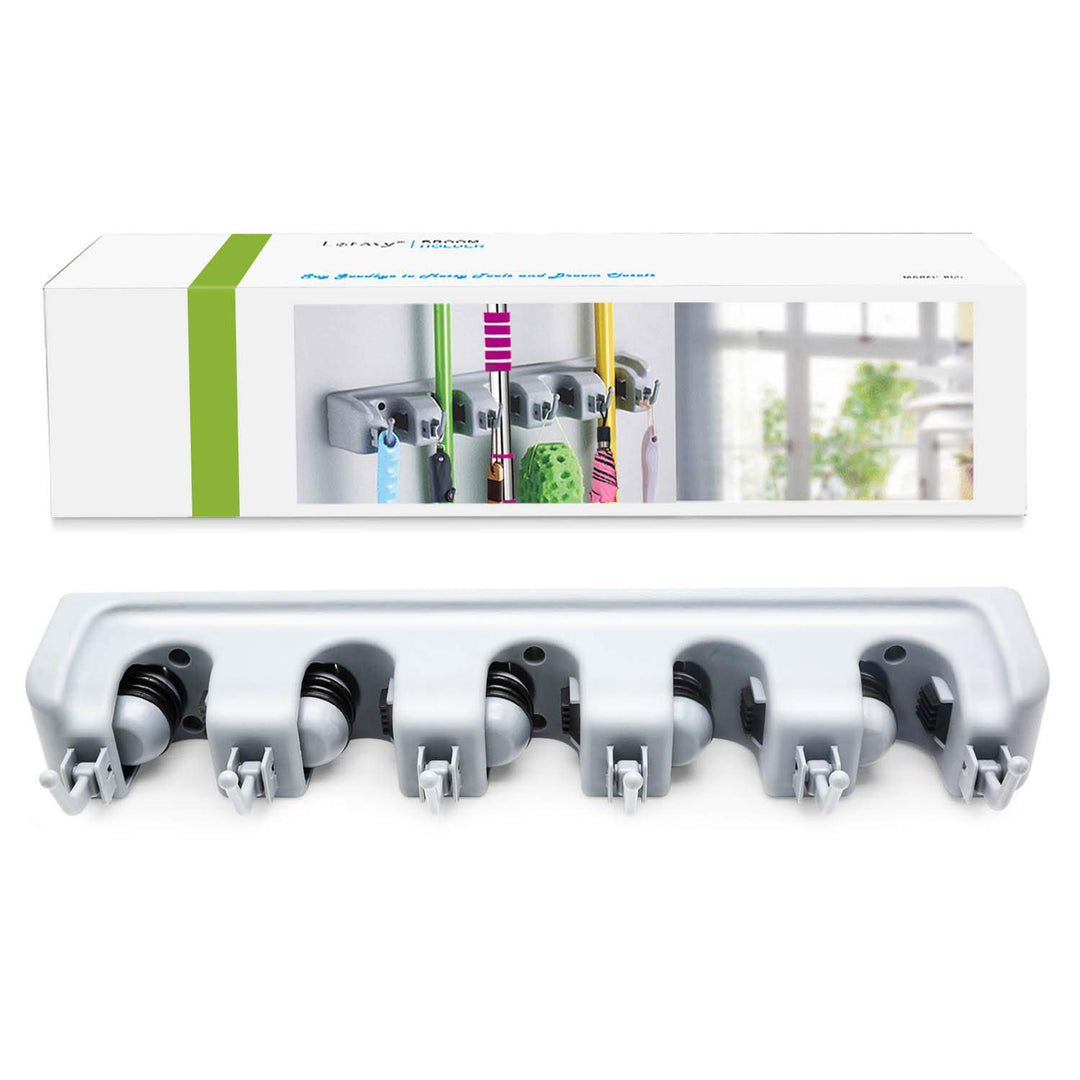 LETMY Broom Holder Wall Mount – 5 Slot 6 Hook Mop & Tool Organizer Rack for Home, Garage & Garden