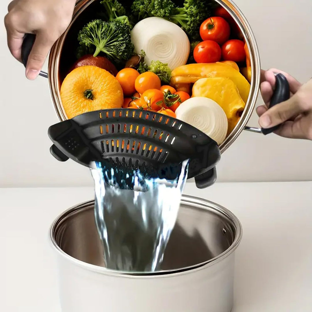 Silicone Clip-On Kitchen Strainer – Heat-Resistant Colander for Pasta, Vegetables & Pots (Black)