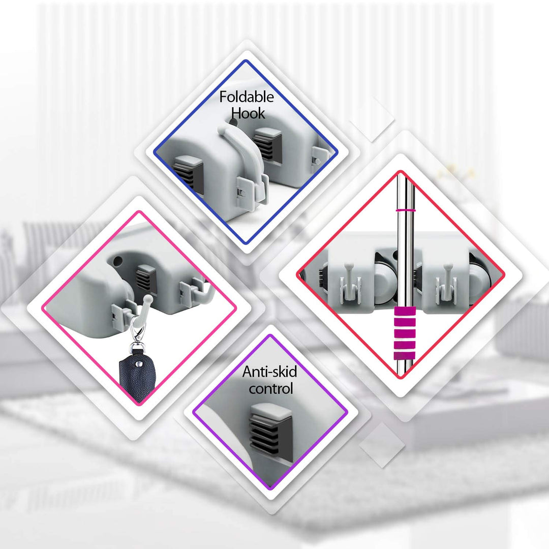 LETMY Broom Holder Wall Mount – 5 Slot 6 Hook Mop & Tool Organizer Rack for Home, Garage & Garden