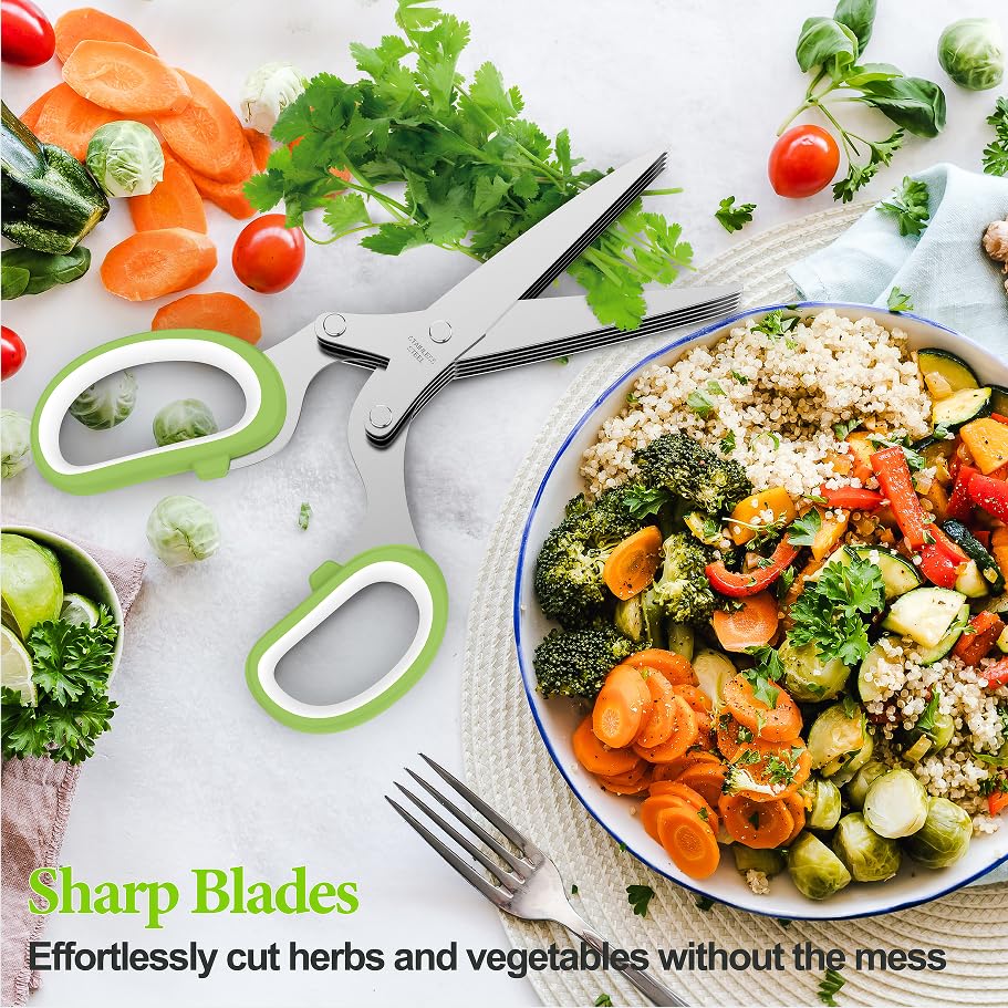 2025 Upgraded Herb Scissors – Sharp Stainless Steel Herb Cutter Shears for Kitchen & Cooking (Green)