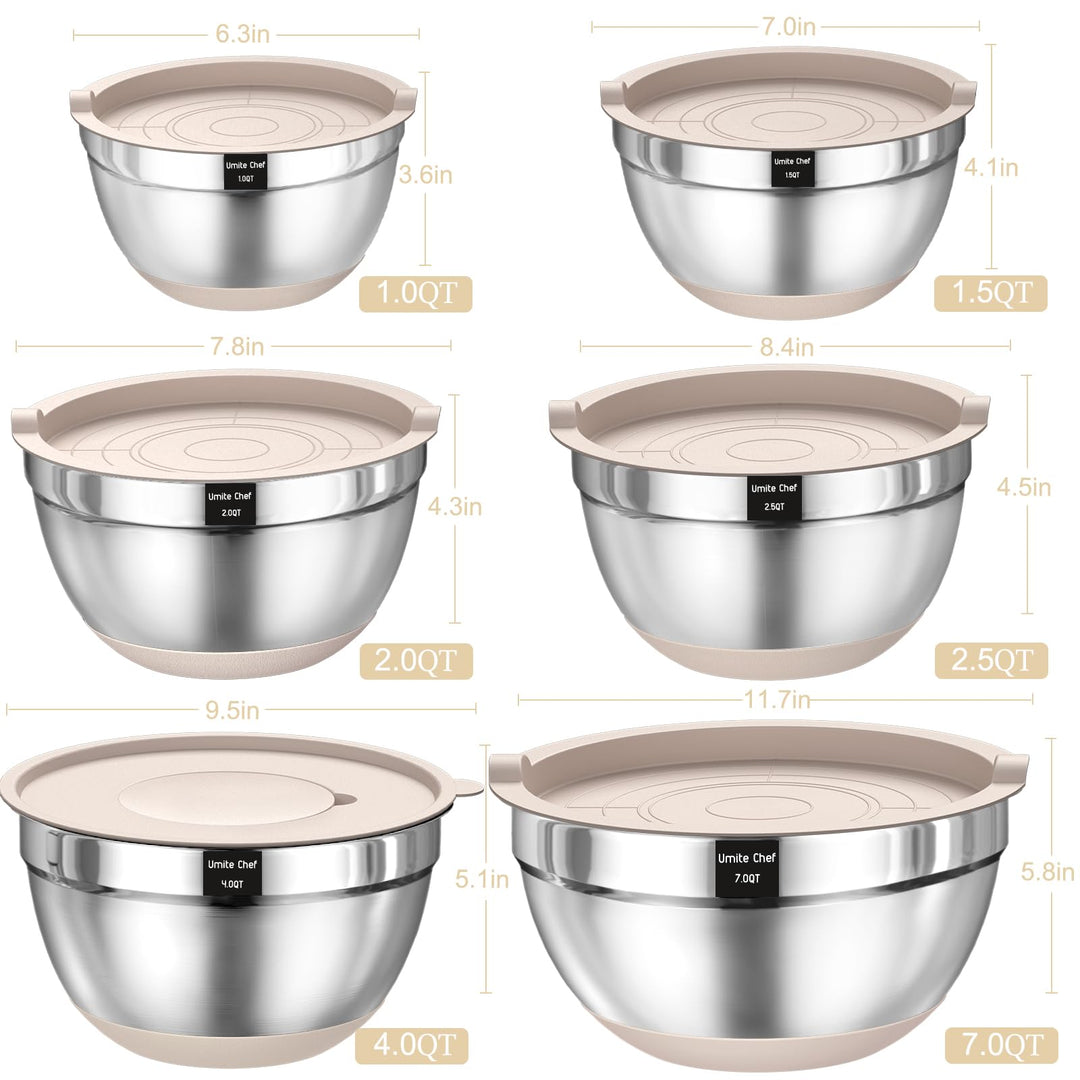 26PCS Stainless Steel Mixing Bowls with Airtight Lids – Non-Slip Kitchen Bowl Set with Graters (7 to 1QT)