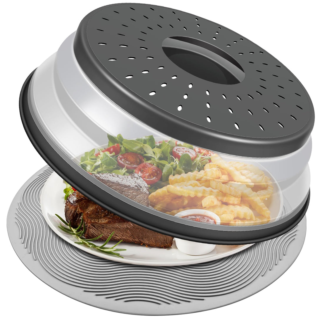 LekDrok 10" Microwave Food Cover – Collapsible Silicone Mat & Splatter Guard for Meal Prep (Charcoal)
