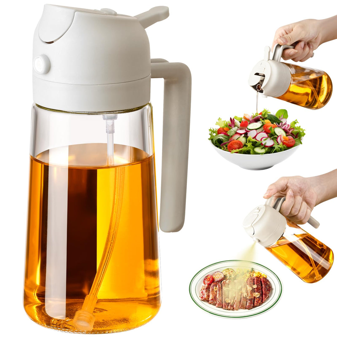 SWEET VIEW 16oz/470ml Oil Dispenser & Sprayer – Glass Olive Oil Pourer for Cooking, Salad & BBQ (White)