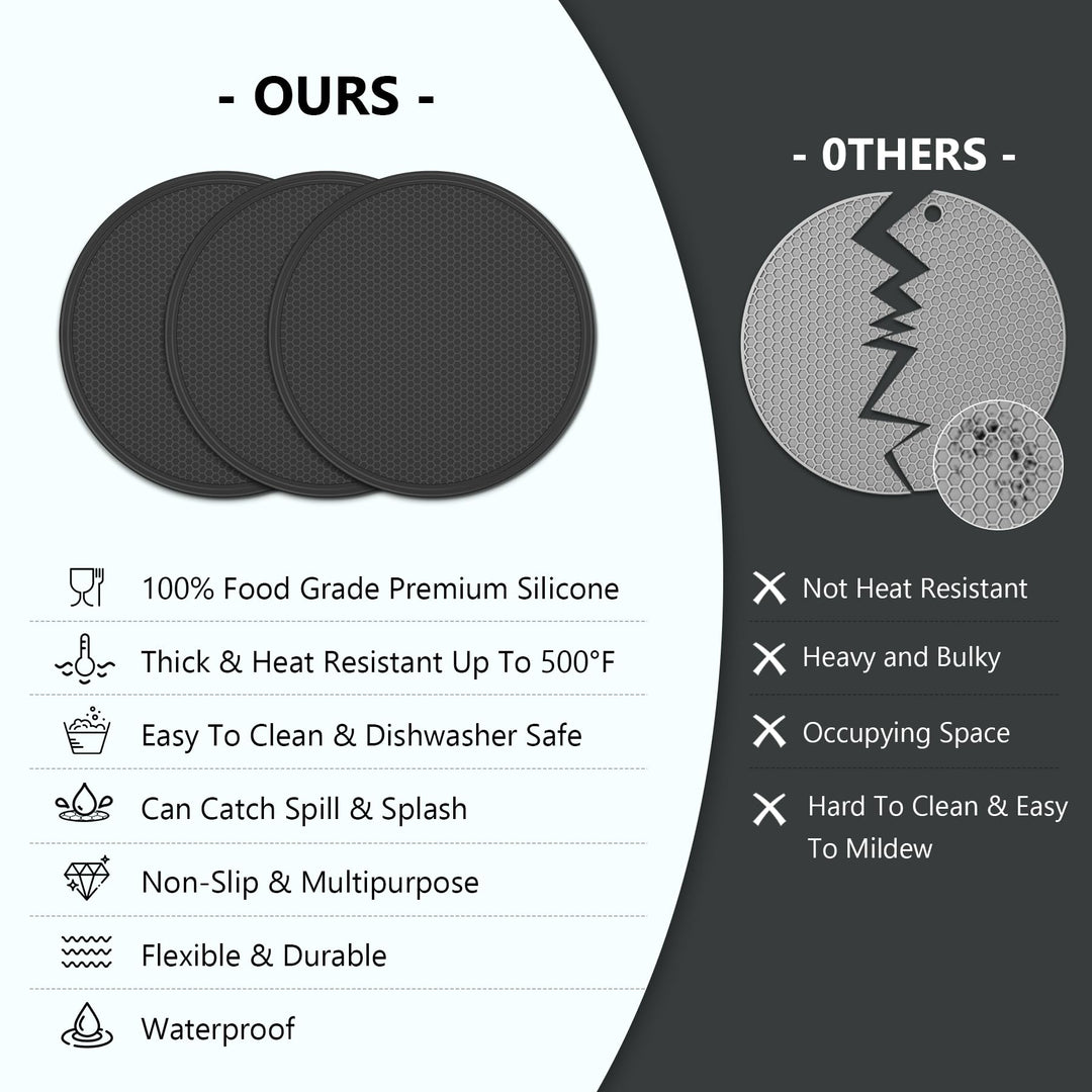 3 Pack Silicone Trivets for Hot Dishes – Heat-Resistant Pot Holders & Kitchen Counter Mats (Black)