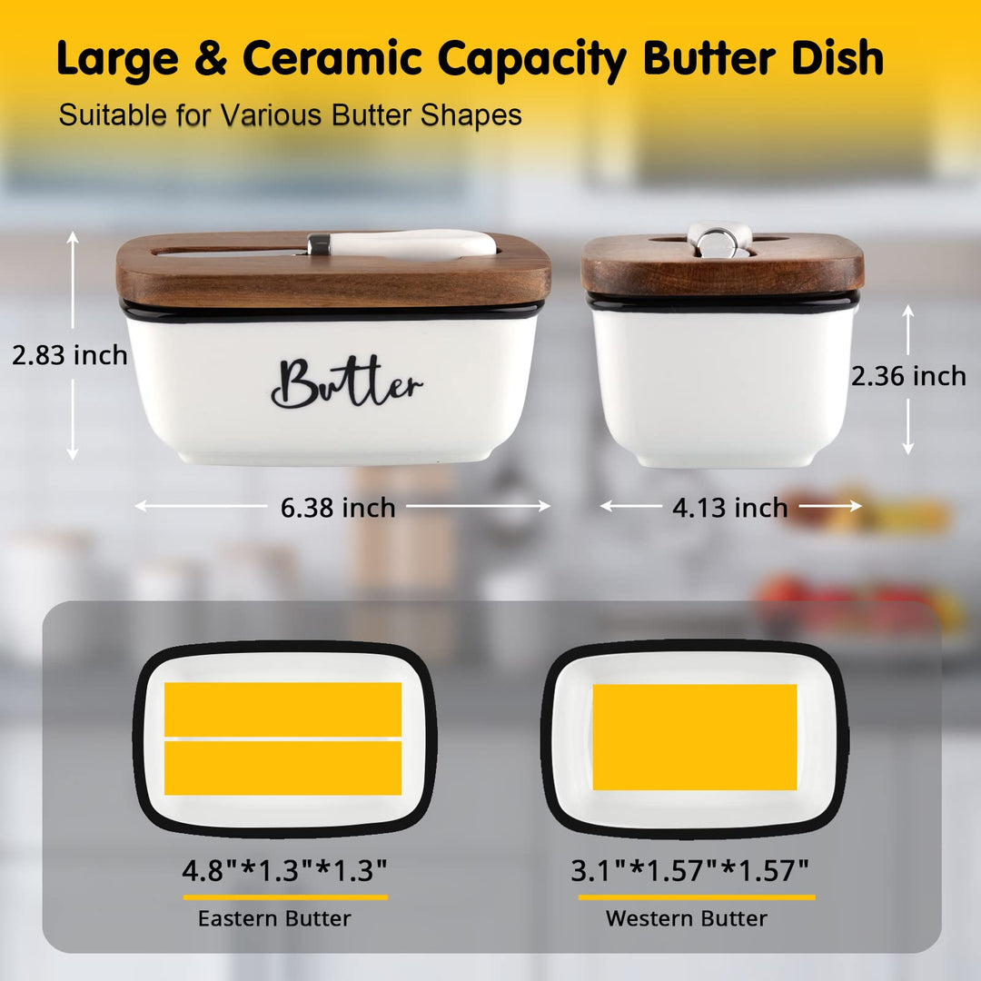 Ceramic Butter Dish with Lid and Knife – Airtight Butter Keeper with Acacia Wood Lid for Counter or Fridge (White)