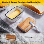 Load image into Gallery viewer, Ceramic Butter Dish with Lid and Knife – Airtight Butter Keeper with Acacia Wood Lid for Counter or Fridge (White)
