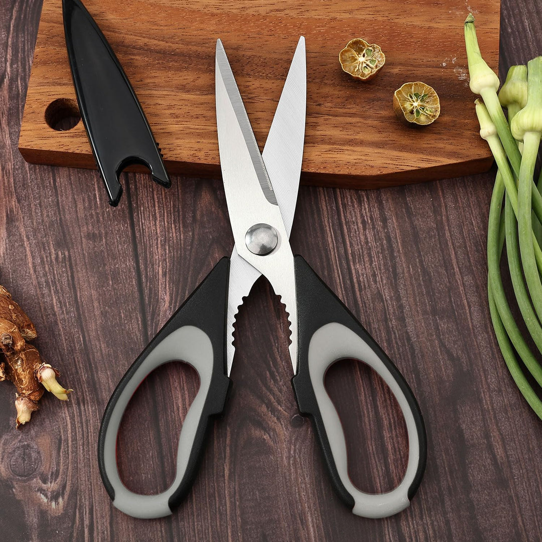 All-Purpose Kitchen Scissors with Sheath – Durable Stainless Steel Cooking Shears, Dishwasher Safe (Black Gray)